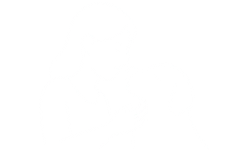 Line drawing of a person gently holding a dog as they nuzzle noses.